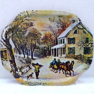 Vintage Action Industries Tin Tray Metal Plate Winter Scene 1985 Hong Kong